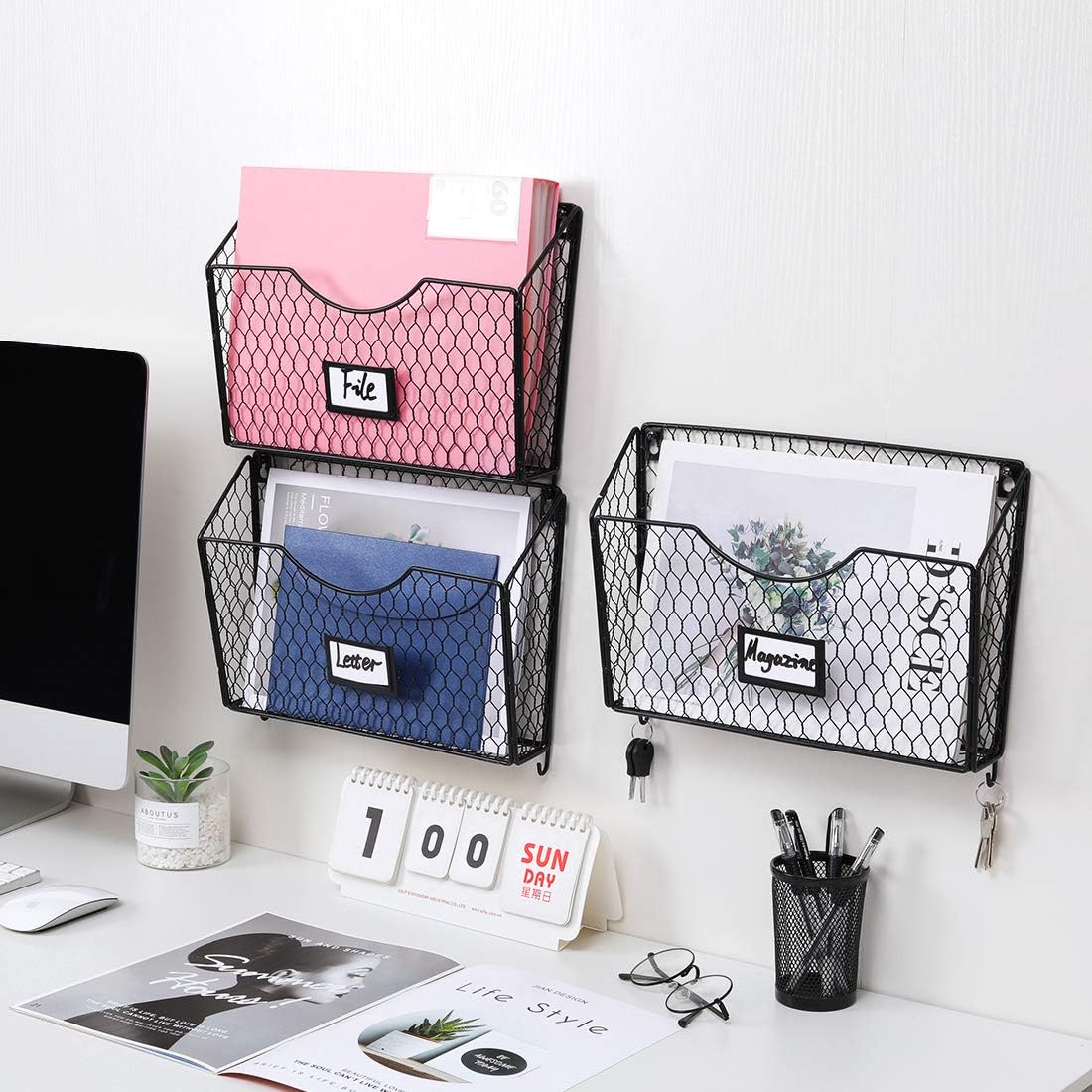 PAG 3 Pockets Hanging File Holder Wall Mount Mail Organizer Metal Chicken Wire Magazine Rack with Tag Slot (Black-DG) : Office Products