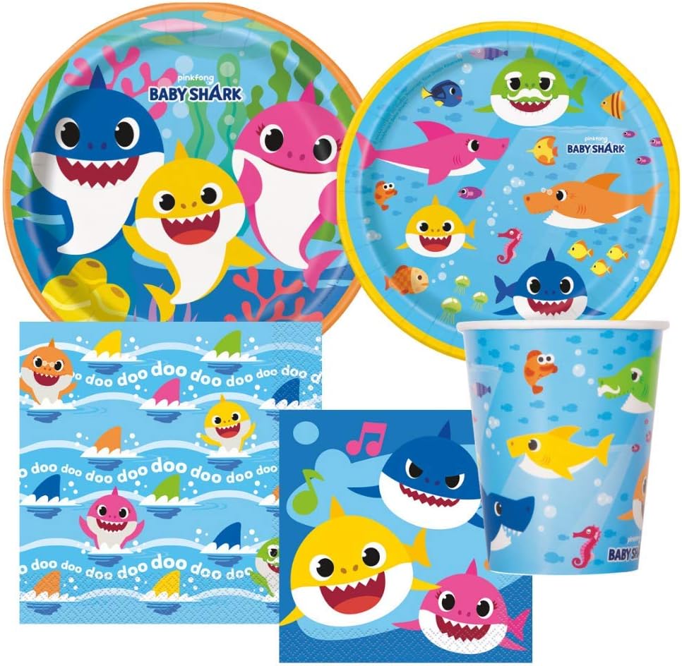Shark Party Birthday Tableware Includes Dinner Plates, Dessert Plates, Lunch Napkins, Beverage Napkins and Paper Cups for 8 Guests