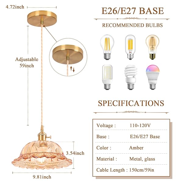 NOGCEW VINTAGE PENDANT LIGHT, 9.81″ AMBER PENDANT LIGHTS KITCHEN ISLAND PENDANT,GLASS CHANDELIER FOR DINING LIVING ROOM RESTAURANT BEDROOM FOYER ENTRYWAY BULB INCLUDED