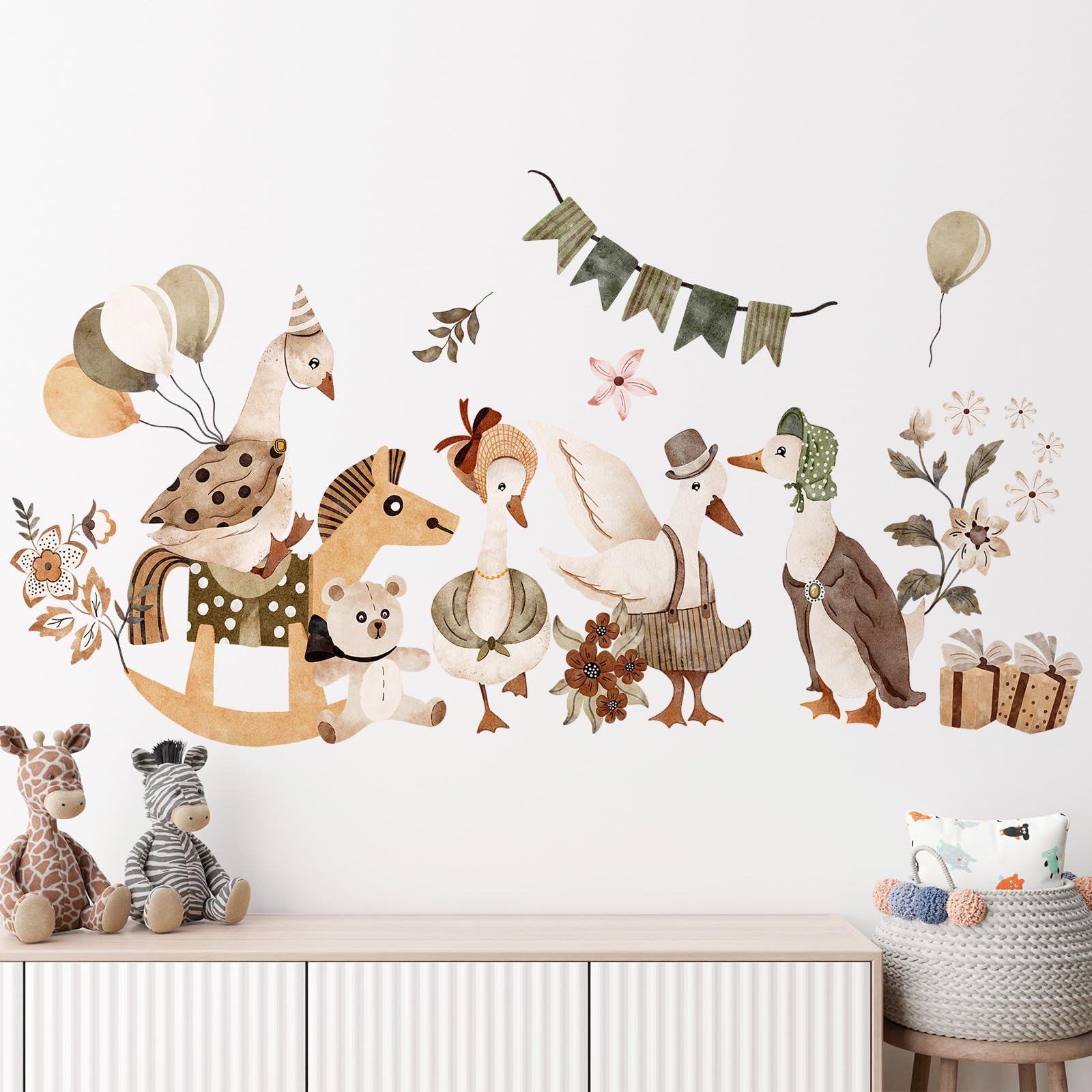 Photo 1 of Honoson Goose Wall Stickers, Vintage Fairytale Goose Animal Party Wall Decals Boho Peel and Stick Watercolor Design with Balloons, Banners, Flowers for Nursery and Kids' Room Decor
