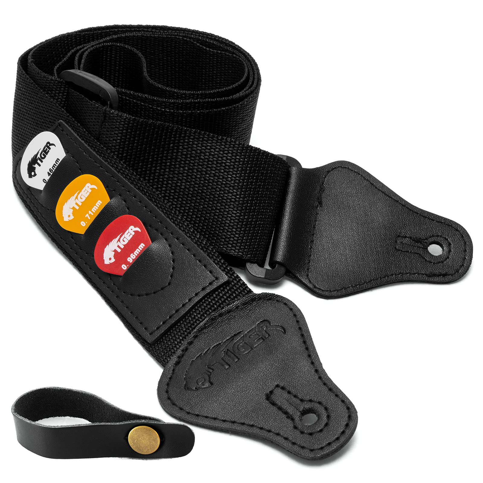 Tiger Black Guitar Strap with Acoustic, Classical, Spanish Guitar Neck Tie and Picks
