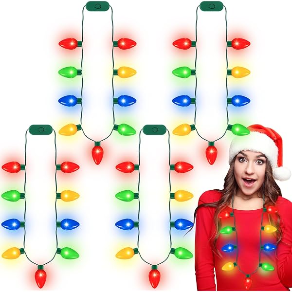 8 Collares LED De Navidad Con Colgantes De Bombilla Jumbo | Collares Iluminados De 45 Cm En Rojo, Verde, Dorado Y Azul | 3 Modos De Luz