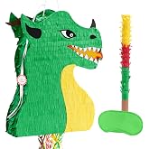WERNNSAI Foldable Dragon Pi&ntilde;ata - Dinosaur Birthday Party Supplies | Dino Extendable Pi&ntilde;ata Bundle with Blindfold Stick and Tassels for Boys Kids Dragon Theme Bday Party Game Decorations
