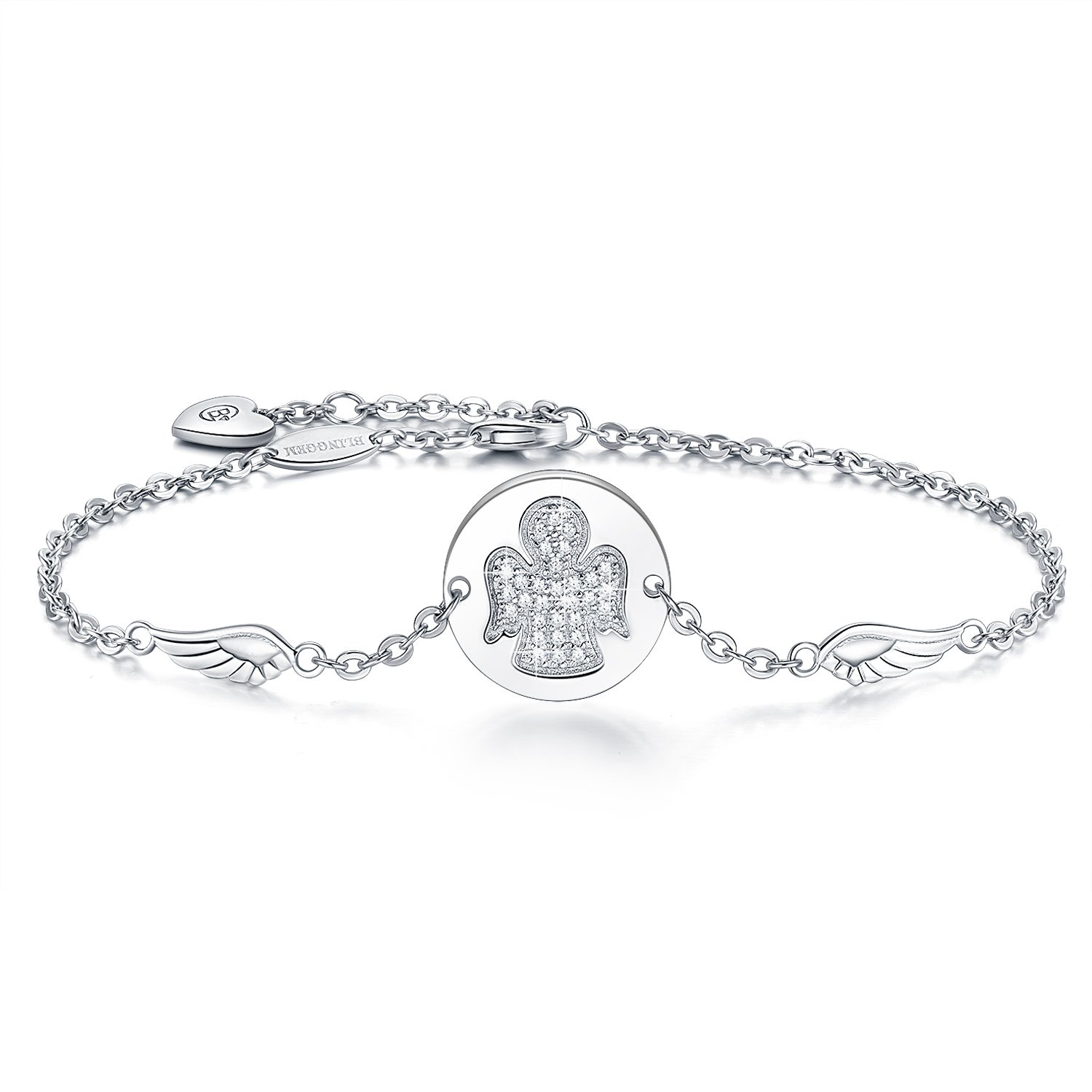 BlingGem Women 18ct White Gold Plated 925 Sterling Silver Round Cubic Zirconia Guardian Angel Bracelet Chain Adjustable