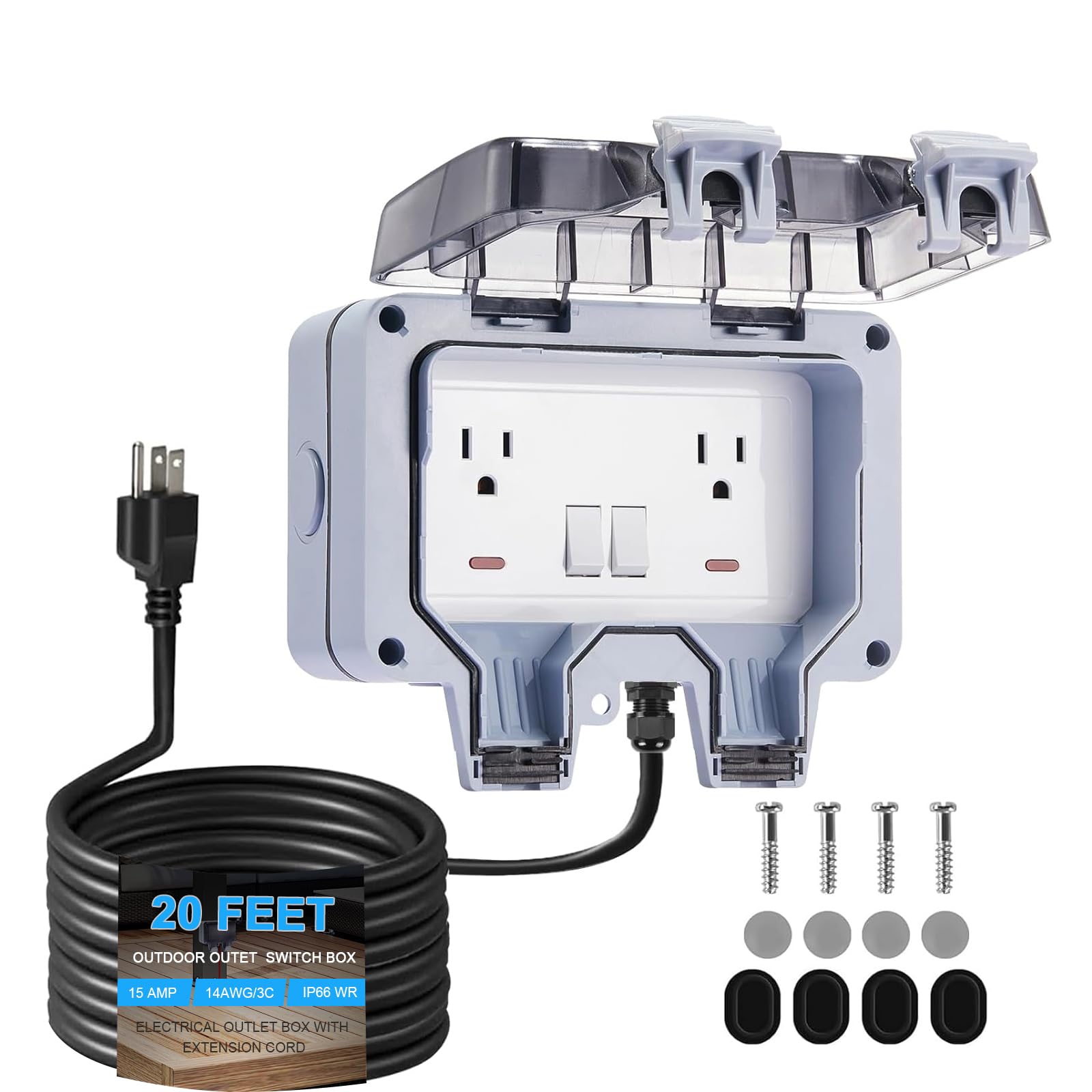 Photo 1 of Toptozl Outdoor Electrical Outlet Box with Switch & 20ft Extension Cord, NEMA 5-15R Outdoor Power Strip Weatherproof, STW 14 AWG, IP66 Waterproof Wall Power Socket with Cover, 2 Inch Deep, WRTR