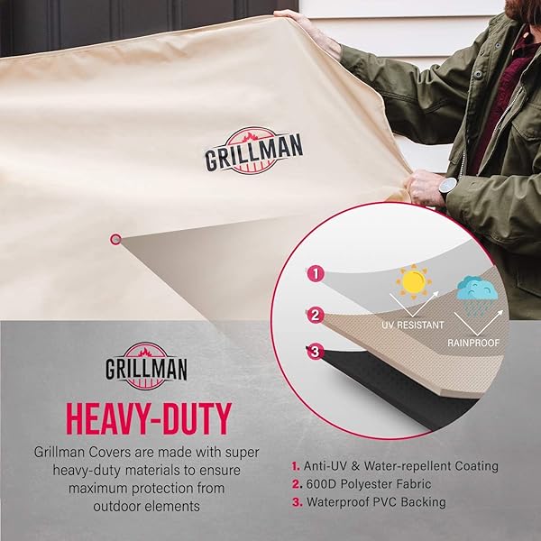 GRILL COVER BY GRILLMAN, TAN, 64 INCH, BBQ OUTDOOR GRILL COVERS, CHARCOAL & GAS GRILLS, WATERPROOF, RIP-PROOF, WEATHER-RESISTANT, ANTI-UV, BARBECUE COVER FOR WEBER, GENESIS, CHARBROIL, NEXGRILL, ETC