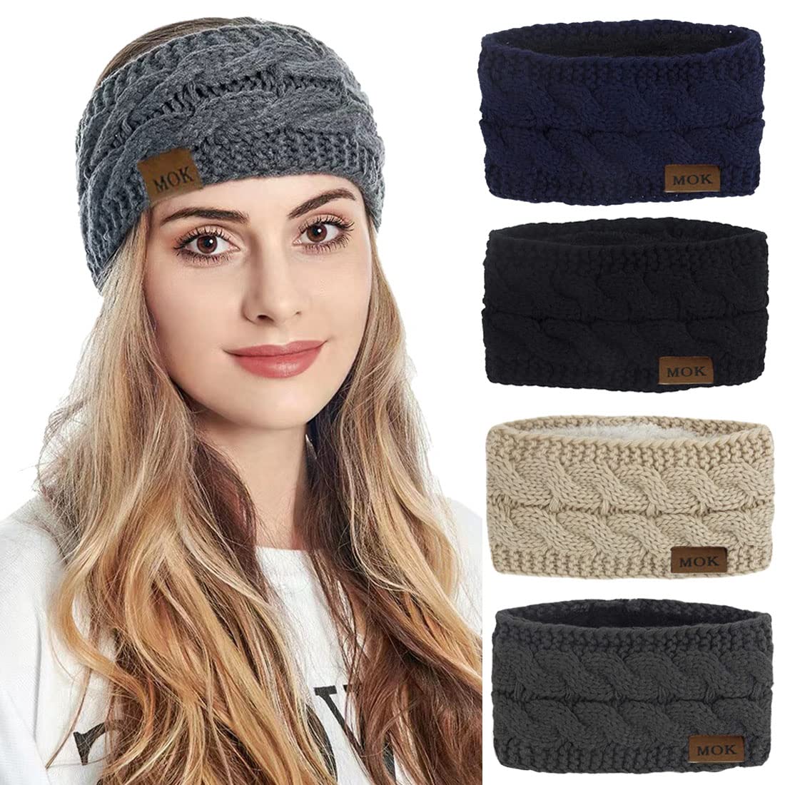 Simoda 4 Pieces Women Winter Warm Fuzzy Fleece Lined Headband Thick Cable knitted Ear Warmer Headwrap (#1)