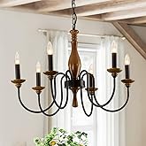 Farmhouse Wood Chandelier for Dining Room Rustic Candle Ceiling Chandelier Black Adjustable Hanging Light Fixture for Kitchen