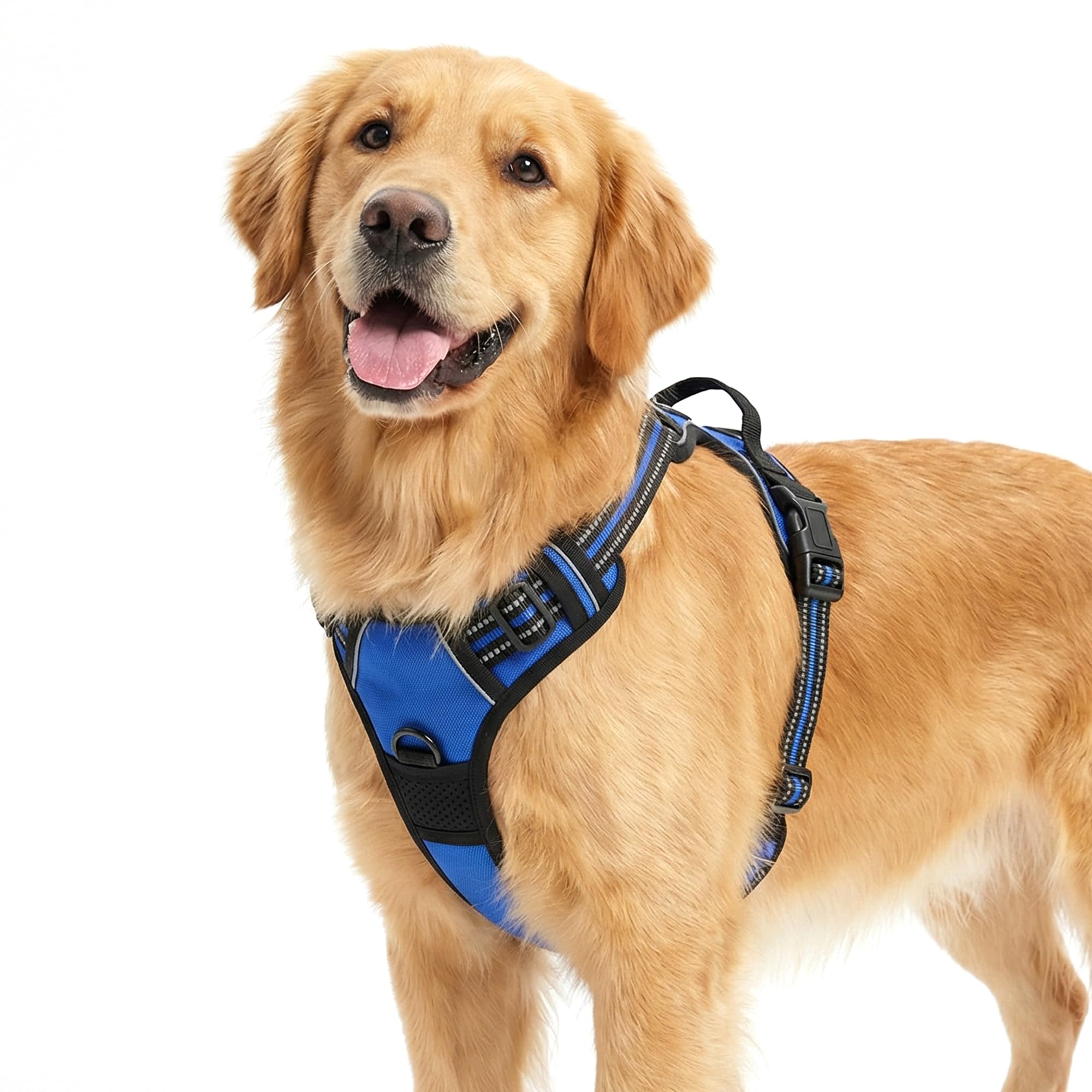 Funfox Dog Harness Large Dog, 2 Clips No Pull Vest Harness Handle Control, Adjustable Pet Harness with Reflective Strips Outdoor Traction Specialized Chest Harness Safe Walking Dog, Blue, L