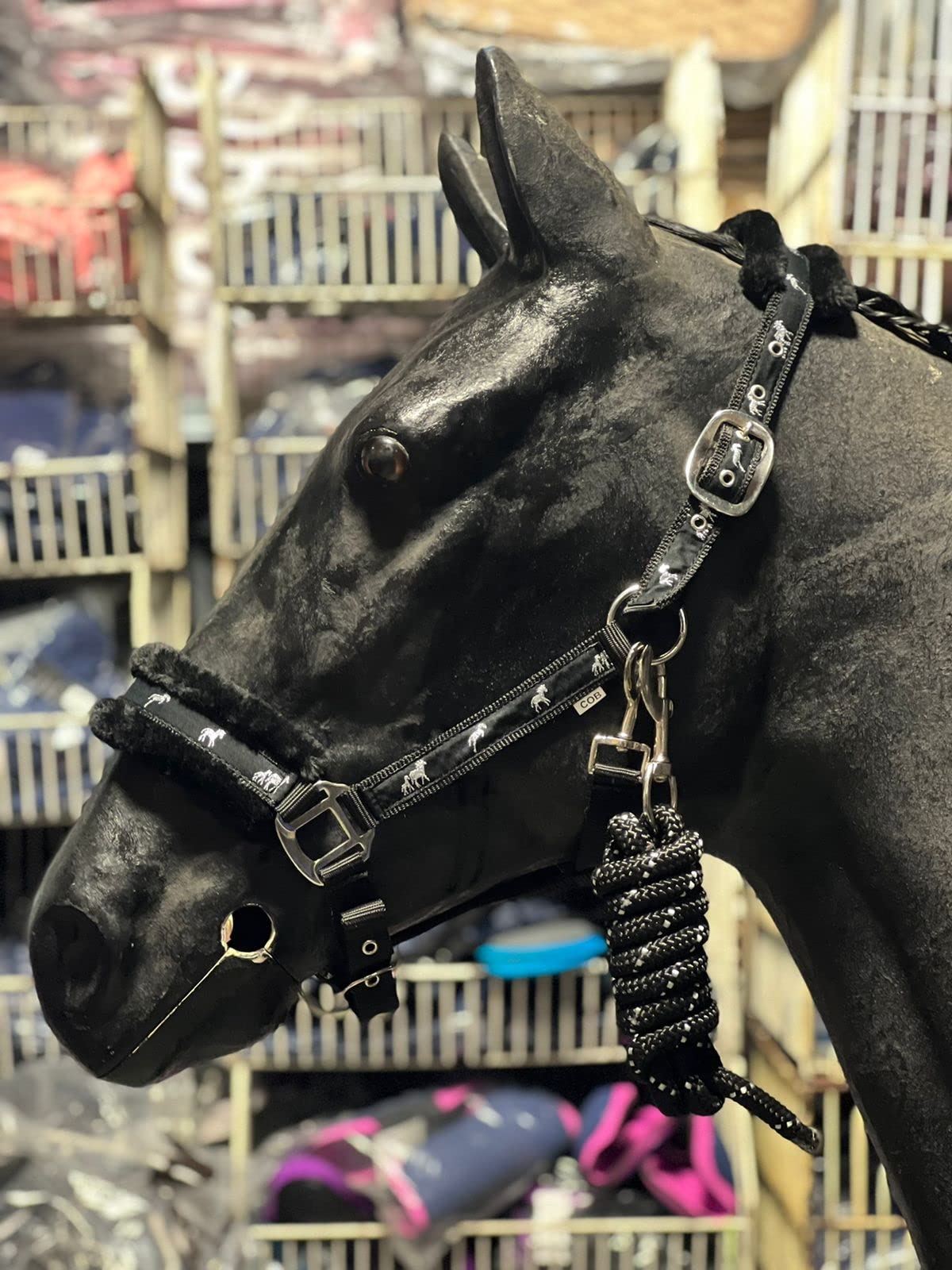 Equipride Horse Print Padded Nylon Headcollars with Matching Lead Rope Black (Small Pony)