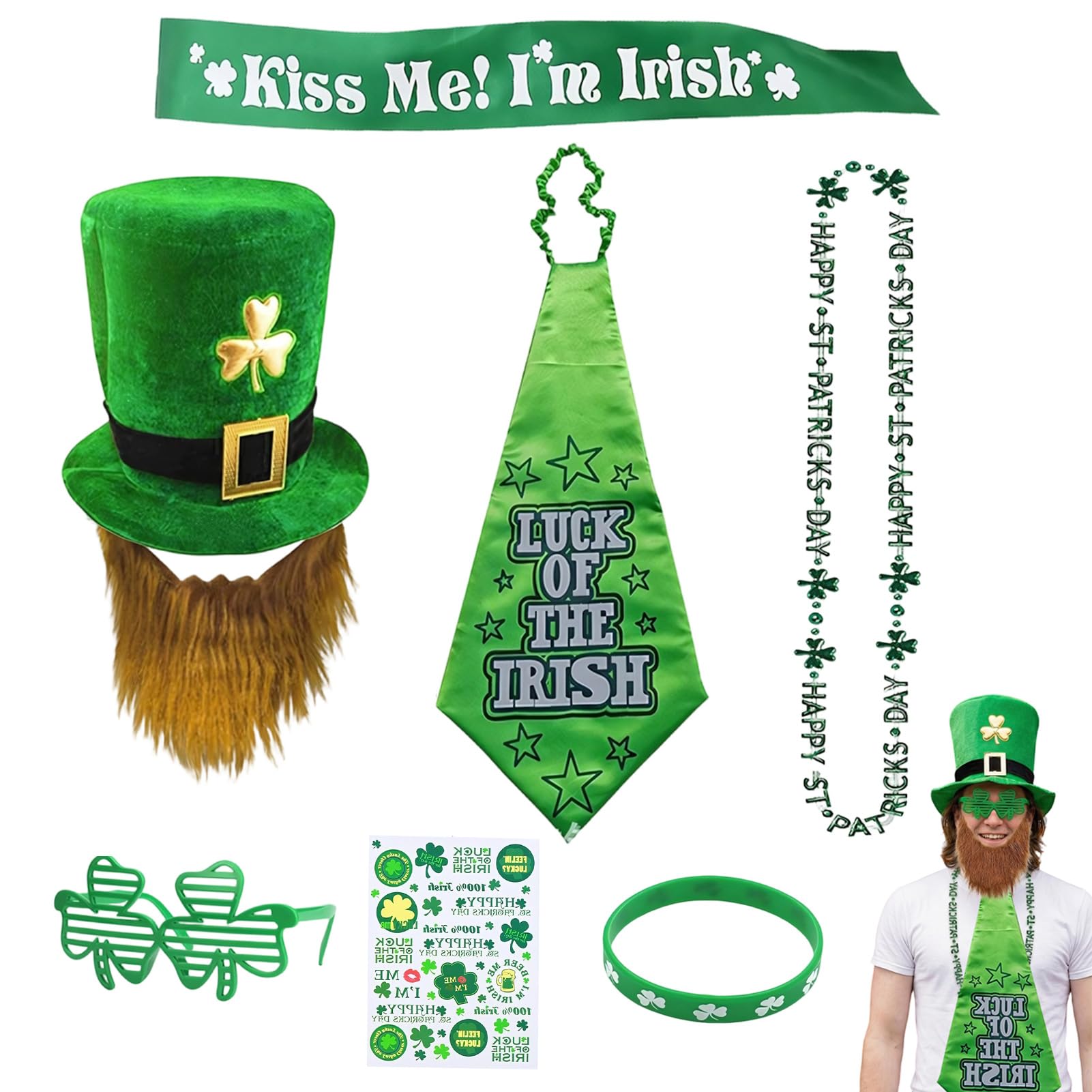 Crittygo 7Pcs Leprechaun Costume Accessories, St Patricks Day Accessories with Leprechaun Hat Beard Tie Sash, Irish Day Party Festival Fancy Dress for Adult