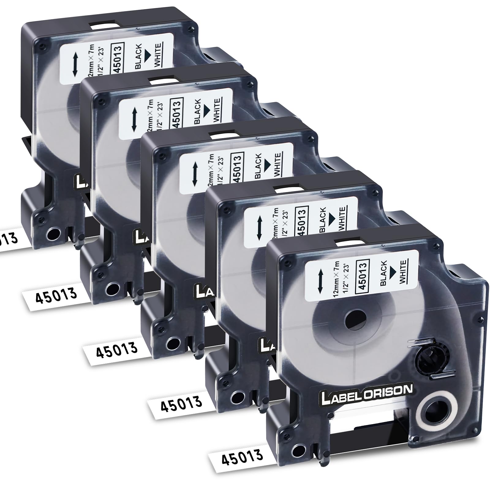 Label Orison Compatible with Dymo D1 Label Tape 45013 12mm a45013 Label Maker Refills for Dymo LabelManager 160 210D 280 360D 420P 500TS PNP, 12mm x 7m, Black on White, 5-Pack