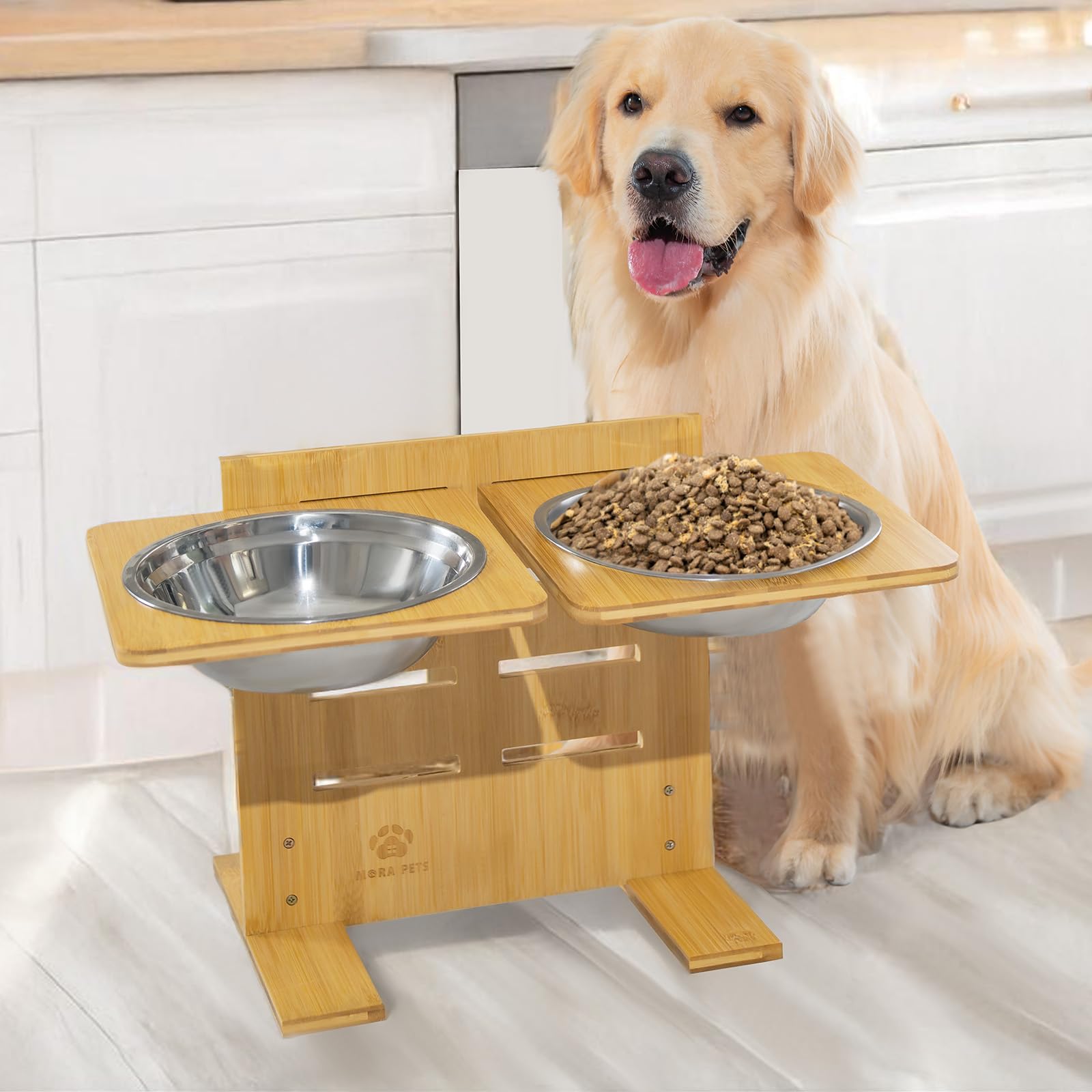 Photo 1 of Mora Pets Elevated Dog Bowls Adjustable Raised Dog Bowl Bamboo Pet Feeder with 2 Stainless Steel Bowls for Small Medium Large Dogs