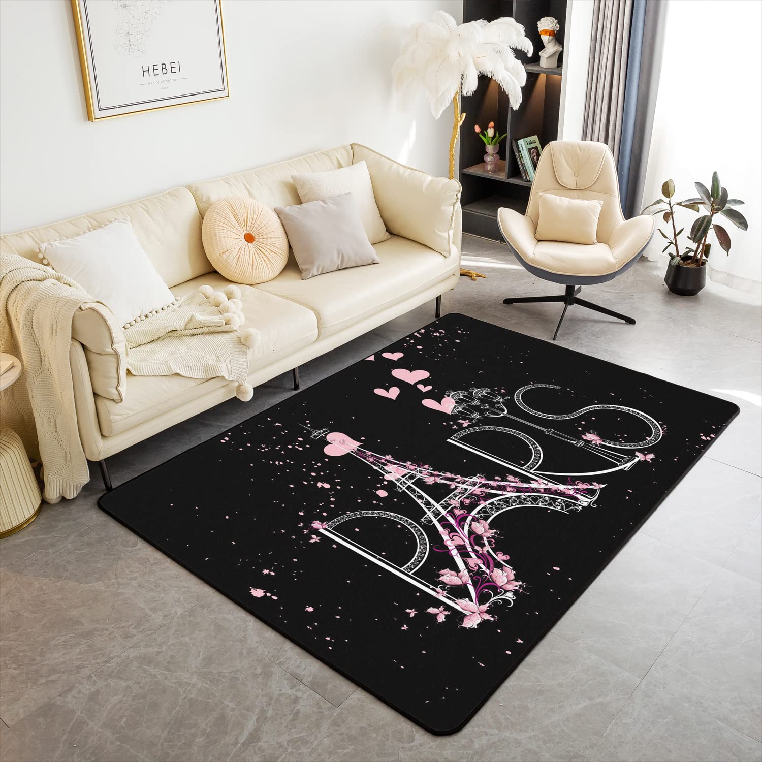 Loussiesd Eiffel Tower Living Room Rugs Area Rug Cherry Blossoms Paris Indoor Floor Mat for Decor Paris Decor Accent Rug Set Women Men Valentines Non Slip Area Runner Rug 150 * 200cm