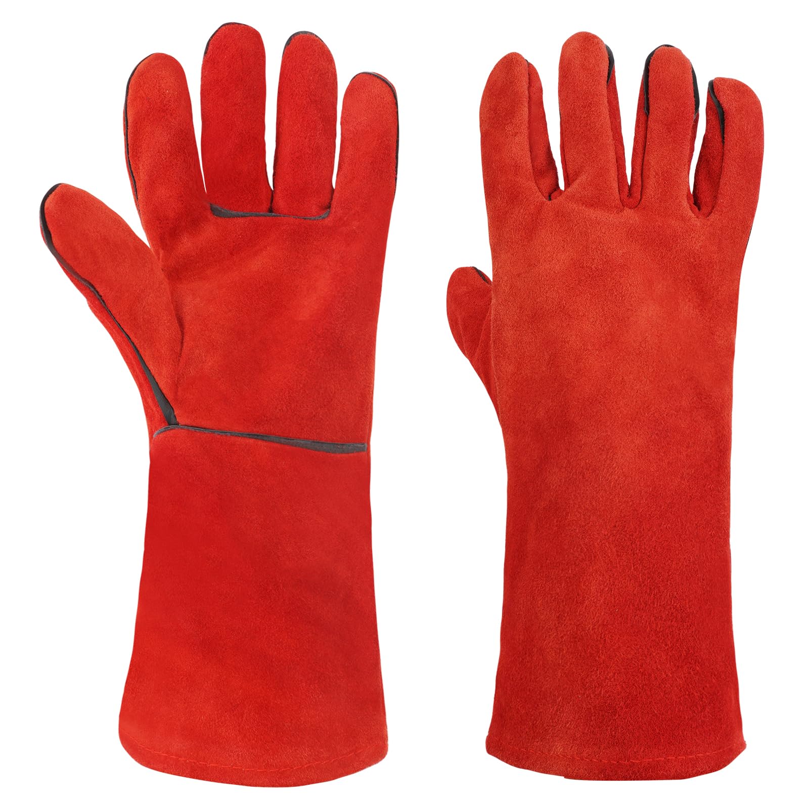 AUAUY Heat-Resistant Long Leather Gauntlets, Fire Glove, Heavy-Duty Protective Glove for Welding, Grinding, BBQ, Baking, Oven, Fireplace, Gardening-Red