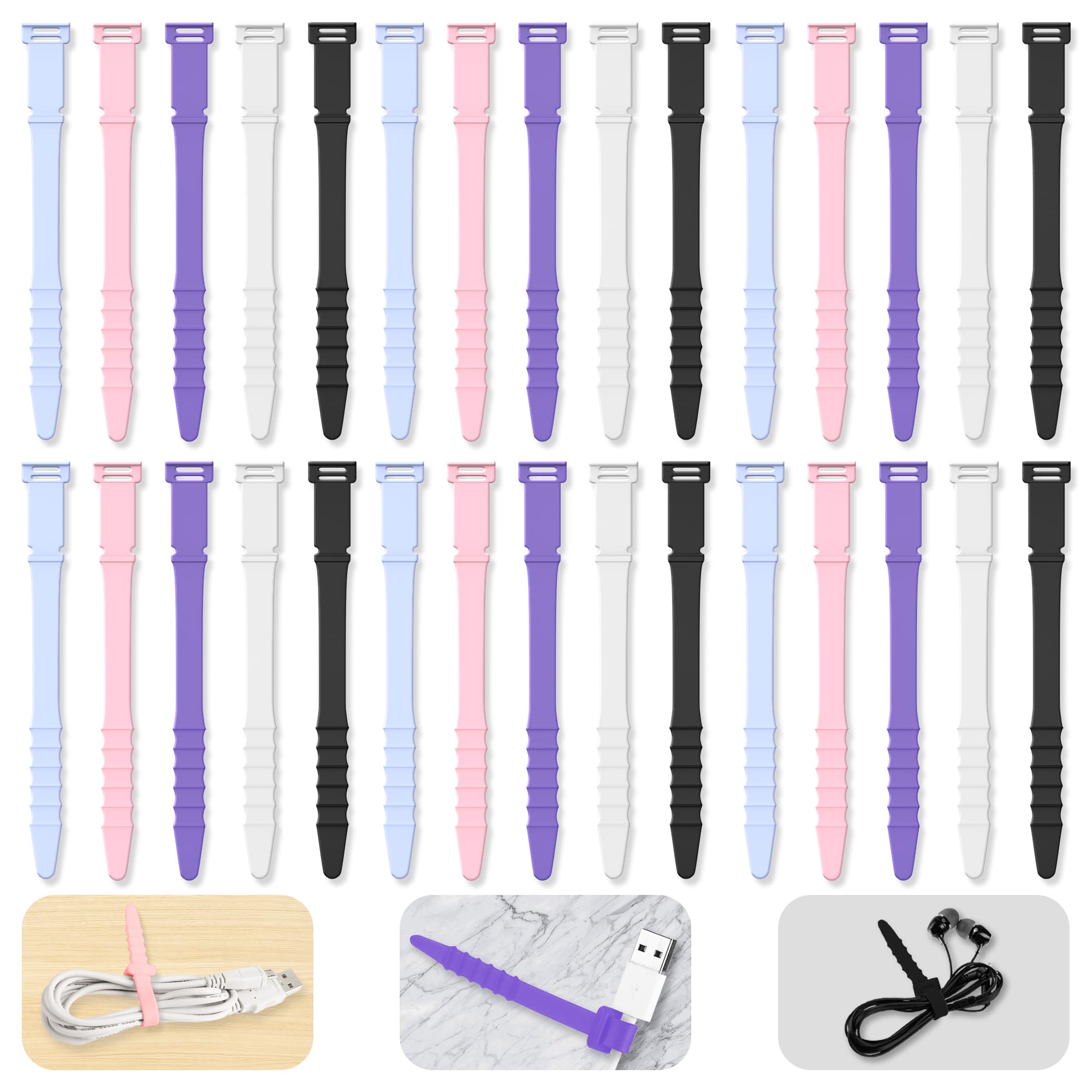 Reusable Cable Ties 4.5inch Silicone Cable Ties, 30pcs Reusable Zip Ties Elastic Silicone Cord Organizer Straps Ties for Charging Cables USB Cables Earphones Cable Audio(11.3cm, 30pcs, Cold-Color)