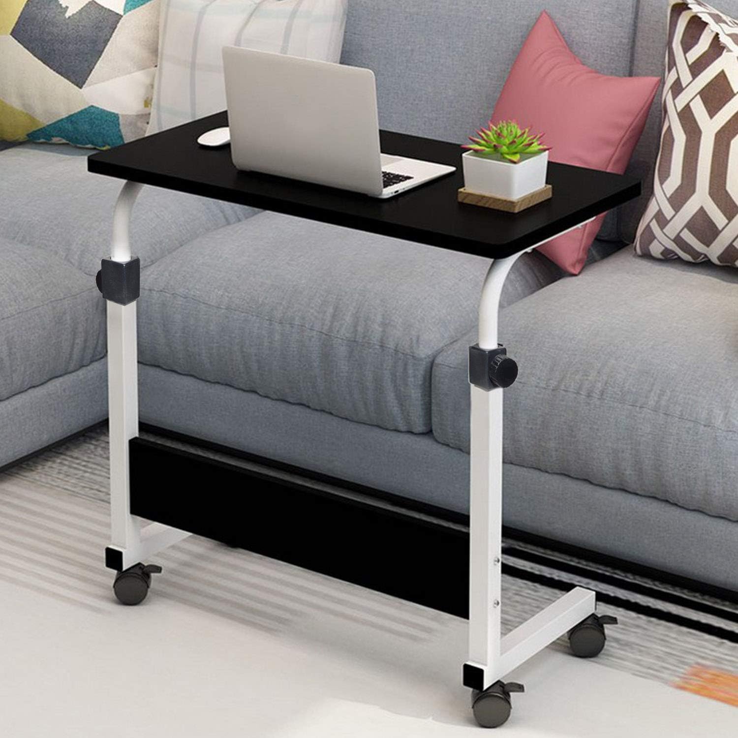 Friendgo Adjustable Height Folding Table，Mobile Laptop Desk ，Mobile Laptop Computer Desk Portable Foldable Computer Work Station Cart Height-Adjustable from 24" to 35.5" Black White