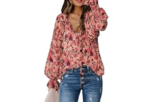 Biucly Women's Casual Boho Floral Print V Neck Long Sleeve Drawstring Tops Loose Blouses Button Down Shirts