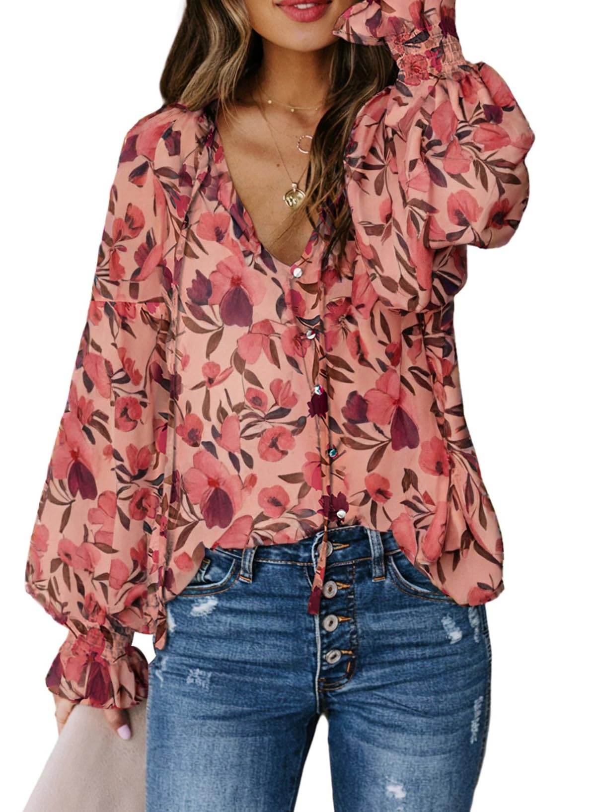 Photo 1 of (medium) Biucly Women's 2025 Spring Casual Bohemian Clothes Floral Print Long Sleeve Tops Loose V Neck Button Down Shirt Flowy Peasant Blouses for Women,US 8-10(M),Flower Pink