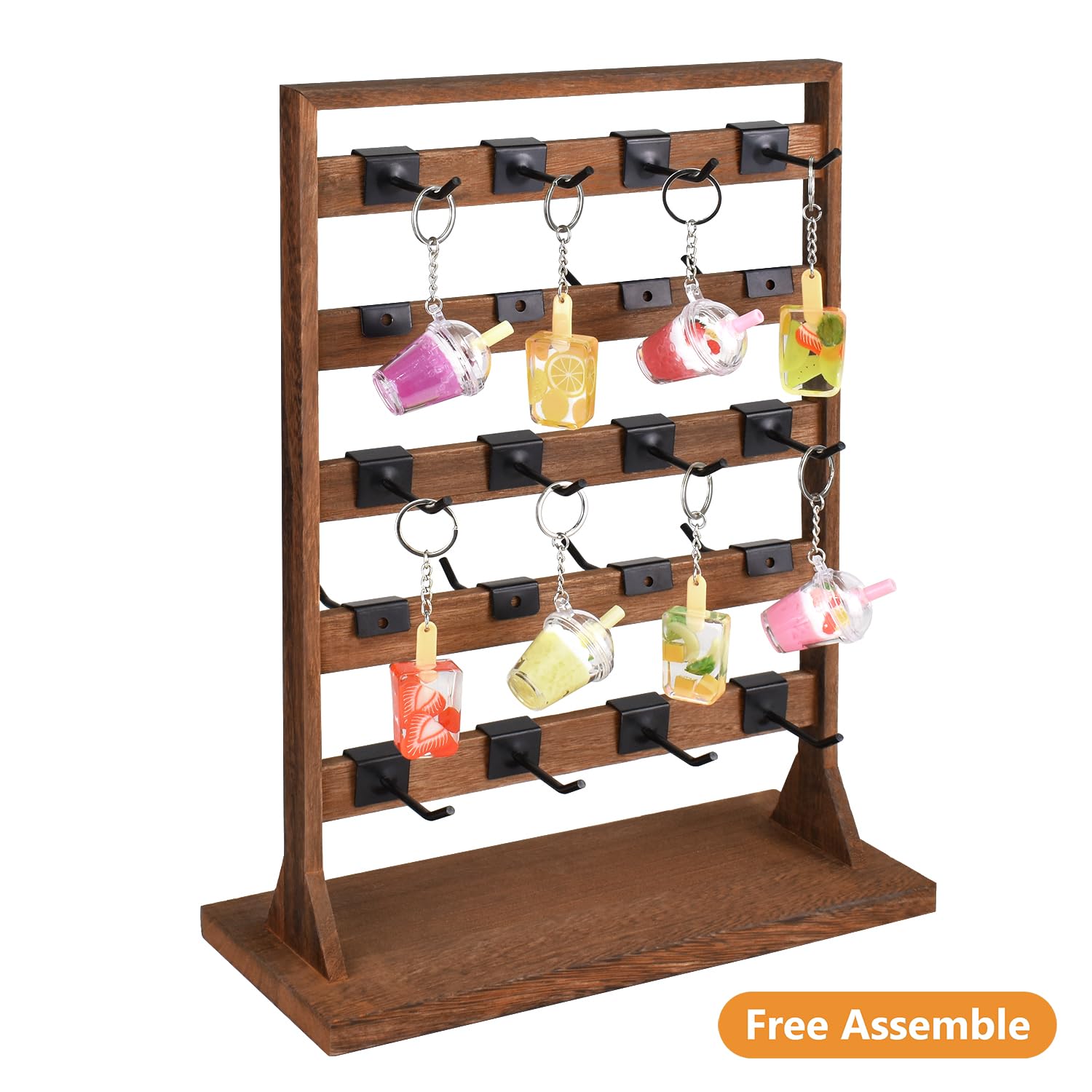 Ikee Design 5 Tiers Wooden Jewelry Display Rack with 20 Removable Metal Hooks,Earring Card Display Stand,Jewelry Organizer,Bracelet Organizer,Keychain Stand,Brown Color