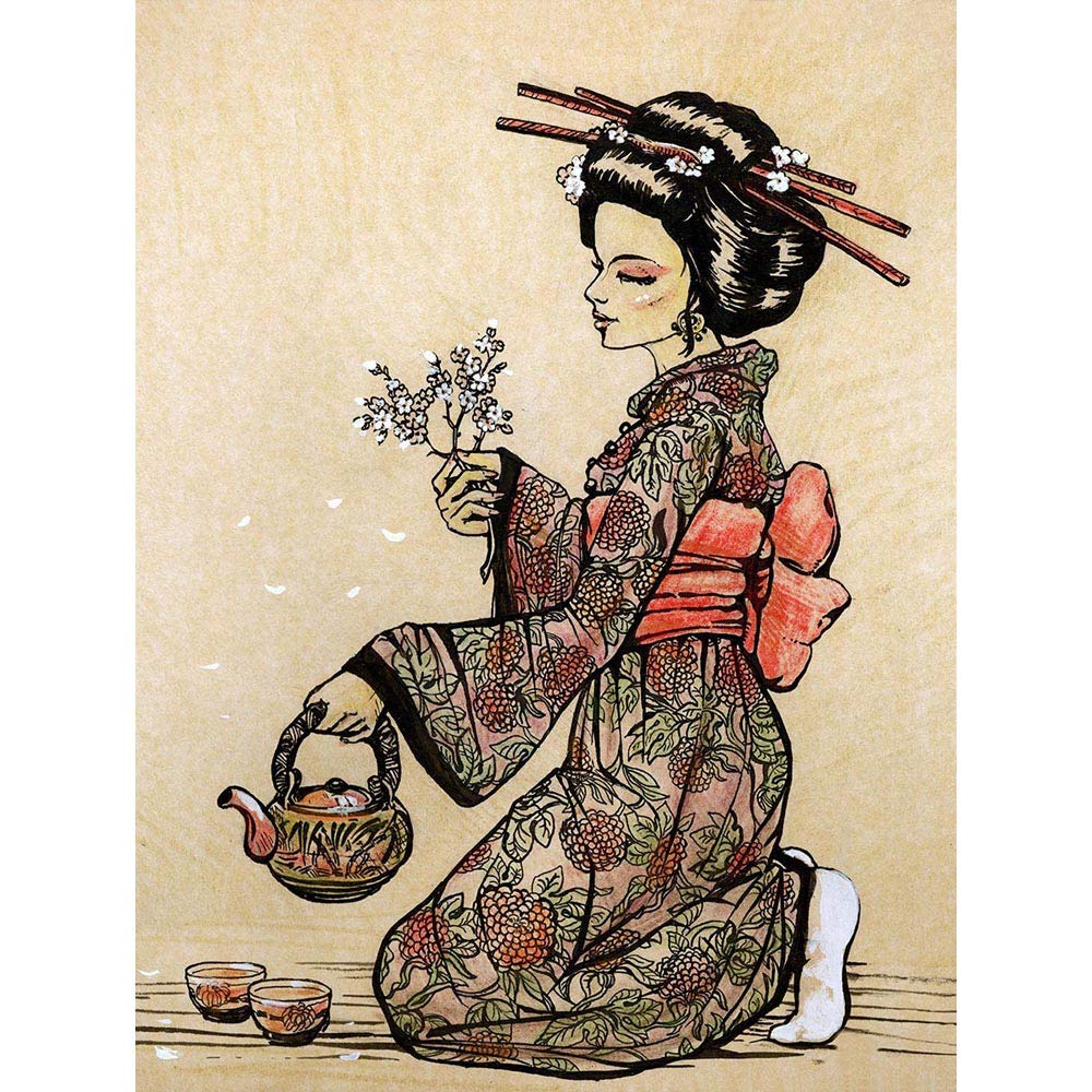 Wee Blue Coo Tea Ceremony Japanese Geisha Teapot Cherry Blossom Art Print Poster Wall Decor 12X16 Inch