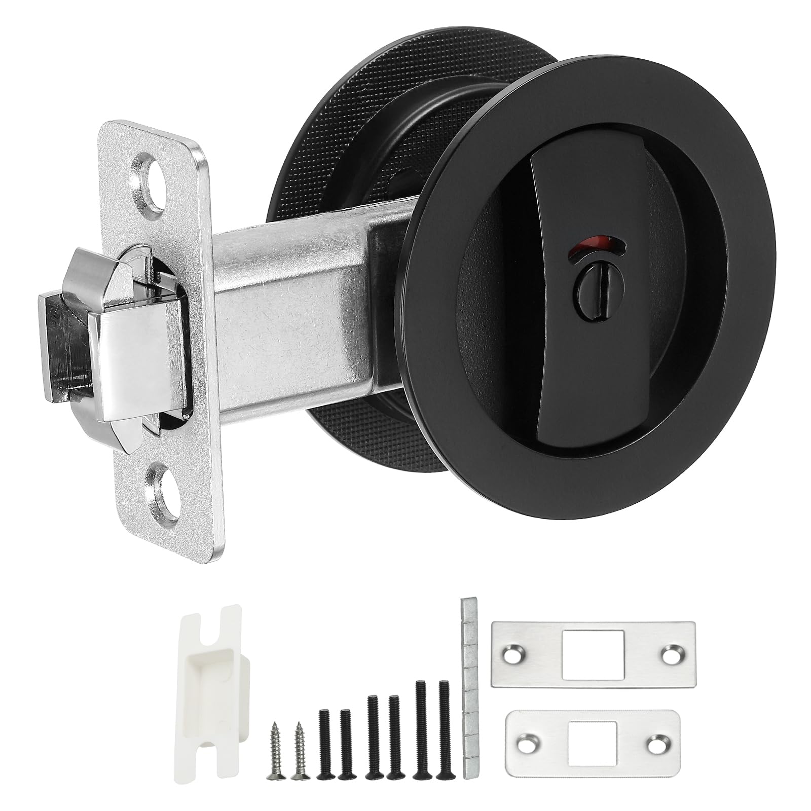PATIKIL Round Recessed Door Lock with Color Coded Indicators, Pocket Door Lock 2 3/8" Backset Hardware for 1 3/8" to 2 3/16" Thickness Door for Privacy Pocket Door, Black