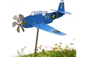 Airplane Weather Vane 11.4 Inch Blue Iron Stainless Steel Wind Spinner with Arrowhead and Double Wings, Decorative Airplane W