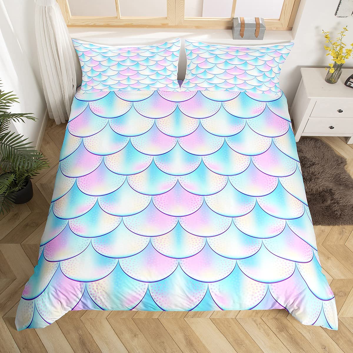 Fish Scales Print Comforter Cover Super King Mermaid Fish Scales Pattern Bedding Set for Girls Women Blue Green Microfiber Bedding Polka Dots Comforter Set with Zipper Ties and 2 Pillowcases