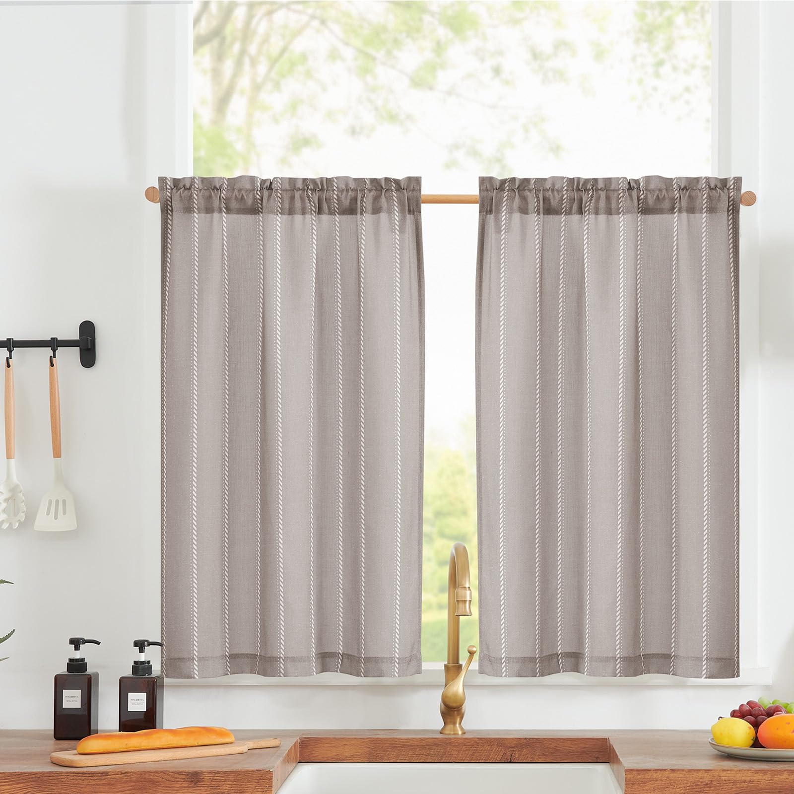 Photo 1 of jinchan Nautical Striped Linen Kitchen Curtains 36 Inches Farmhouse Tier Cafe Curtains for Living Room Bathroom Laundry RV Rustic Half Window Light Filtering 2 Panels Taupe Grey