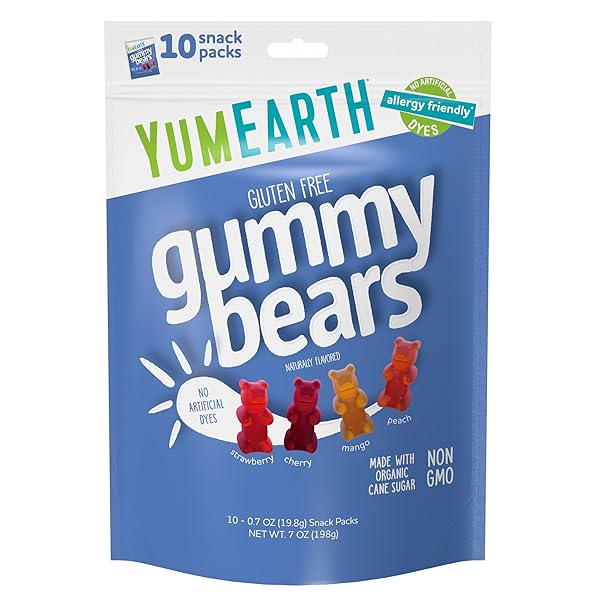 YUMEARTH ORGANIC FRUIT FLAVORED GUMMY BEARS, 10- .7OZ. SNACK PACKS, ALLERGY FRIENDLY, GLUTEN FREE, NON-GMO, DYE FREE