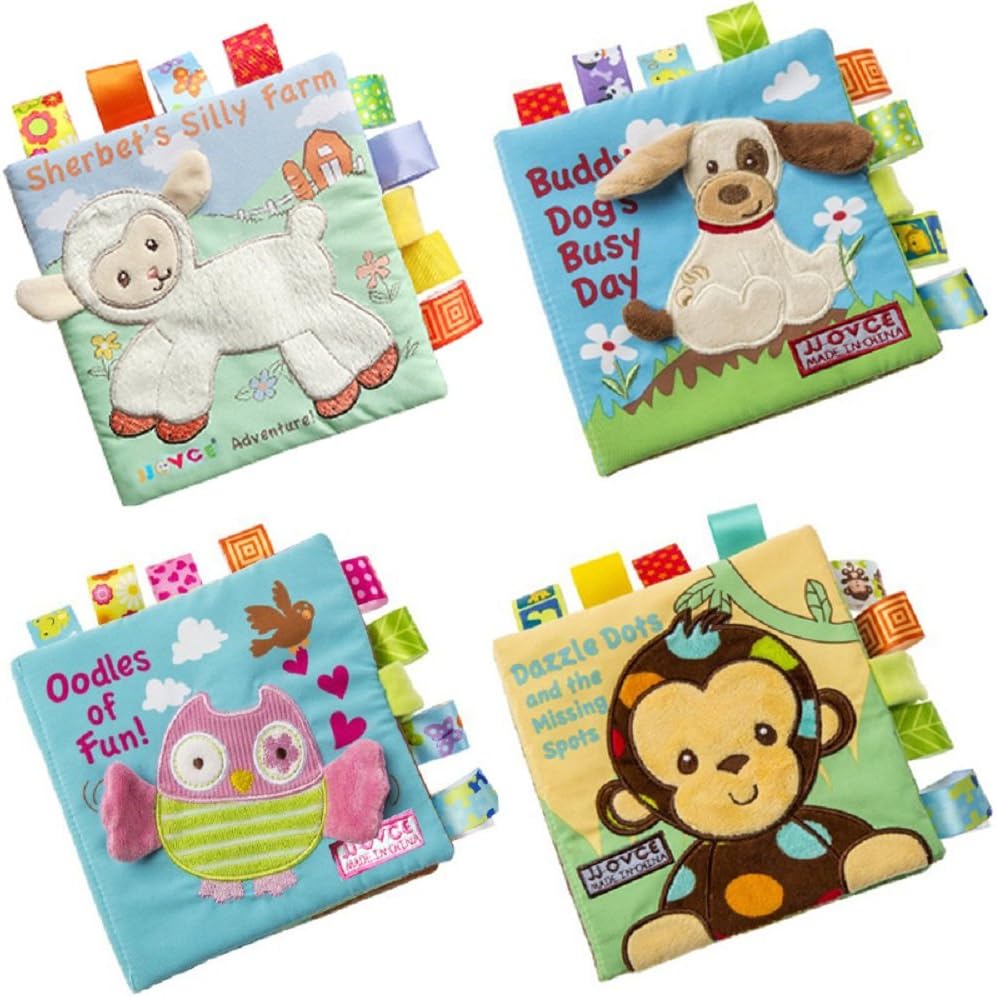 Here Fashion Activity Fabric Soft Baby Cloth Books Crinkle Squeak Sound Sensory Interactive Educational Toys for Infants Toddlers Kids - 4 Packs Set