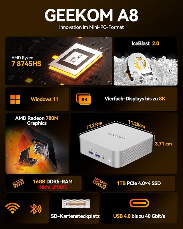 A8 Office Mini PCs mit AMD Ryzen 7 8745HS 16GB DDR5 1TB SSD