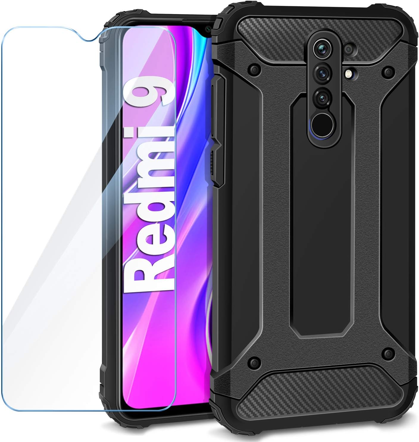 AROYI Funda Compatible con Xiaomi Redmi 9 con Protectores Pantalla