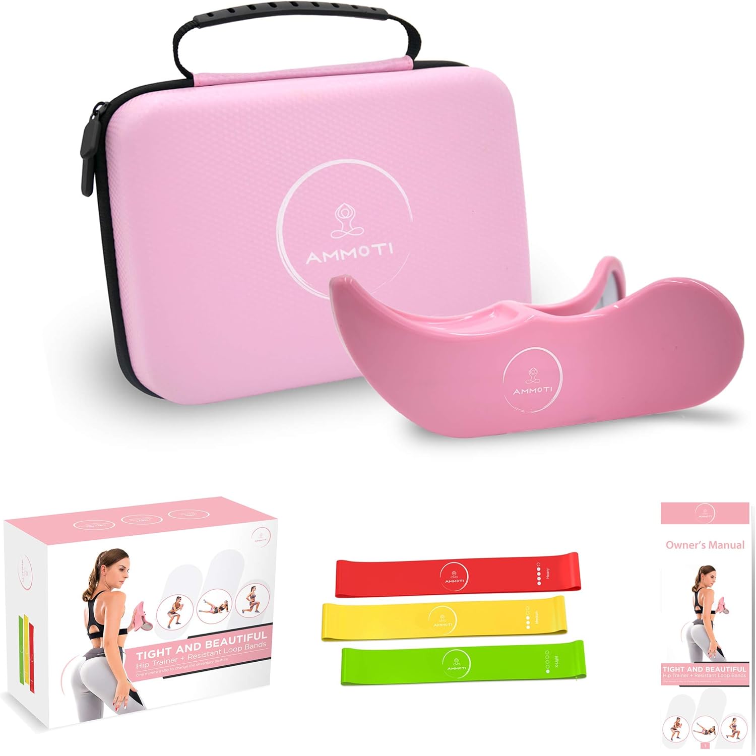 AMMOTI Hip Trainer and Resistance Loop Bands, Butt Workout Tool Set for Home Fitness, Kegel Exercise Products, Inner Thigh Exerciser, Butt Toner with Portable Hard EVA Case