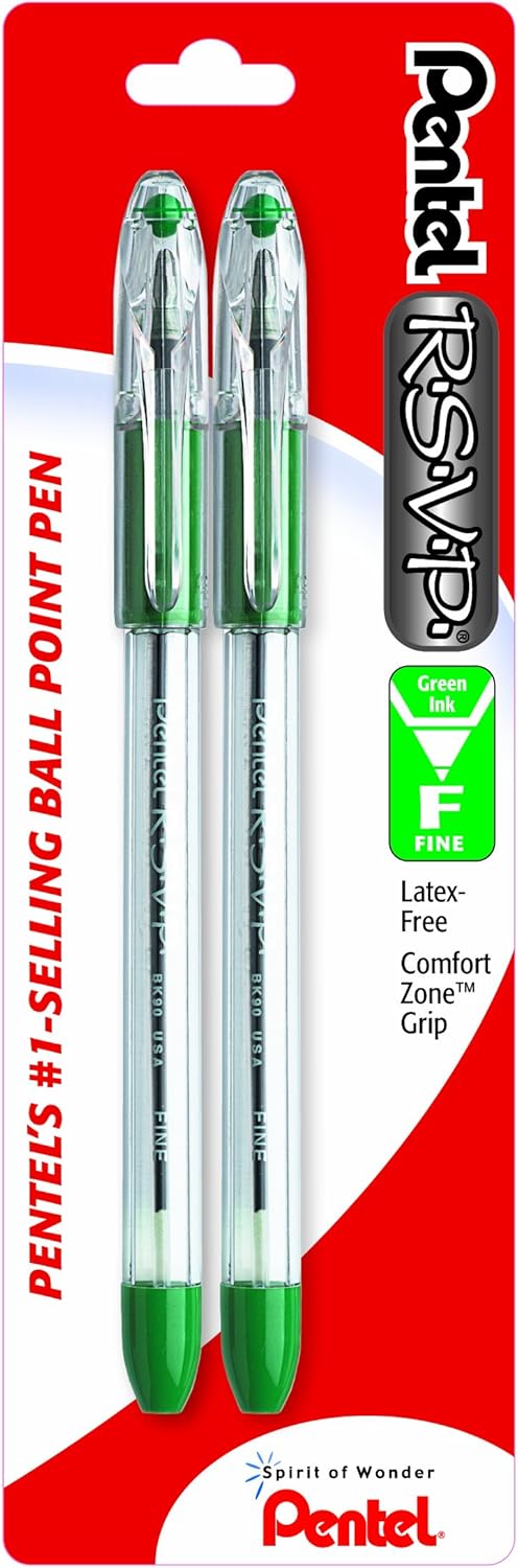Pentel R.S.V.P. Ballpoint Pen, Fine Line, Green Ink, 2 Pack(BK90BP2D)