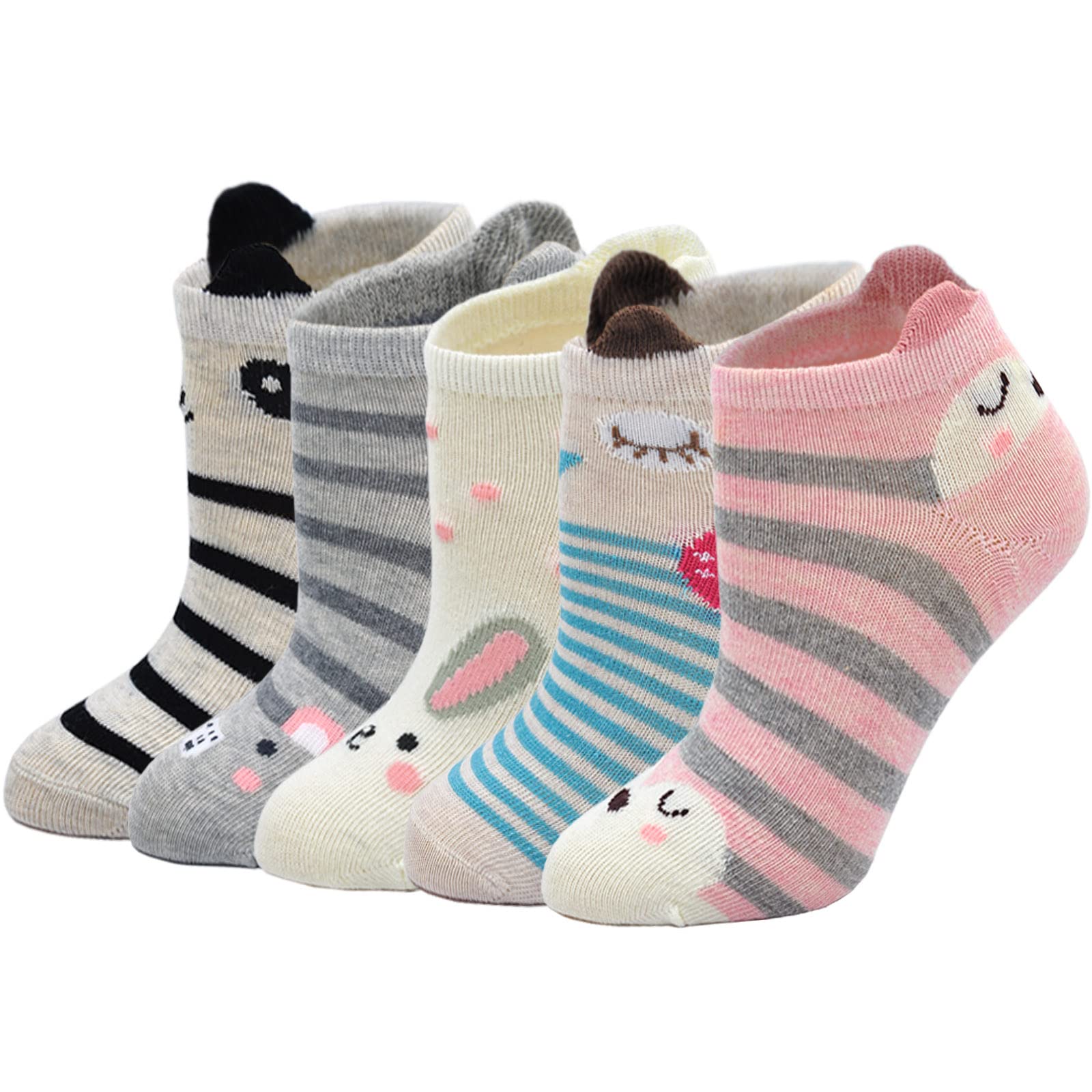 ZFSOCK Girls Socks Kids Cotton Ankle Socks Cute Novelty Animal Pattern for Toddler Little Girls Boys, 5-7 Years Old, 5 Pairs,Animals