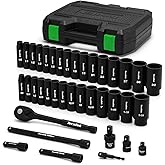 TecoTek 1/2" Drive Deep Impact Socket Set, 38-Piece Socket Set SAE 3/8 to 1-1/4 inch and Metric 10-32mm Size, Includes Extens