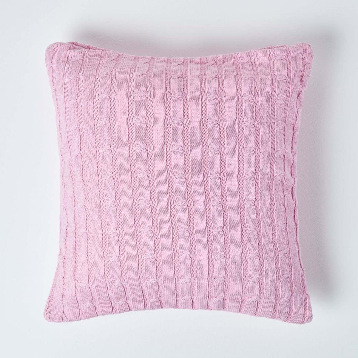 HOMESCAPES - Cable Knit - Cushion Cover Pastel Pink - 100% Cotton - 18 x 18 Inches - Washable โ image 1