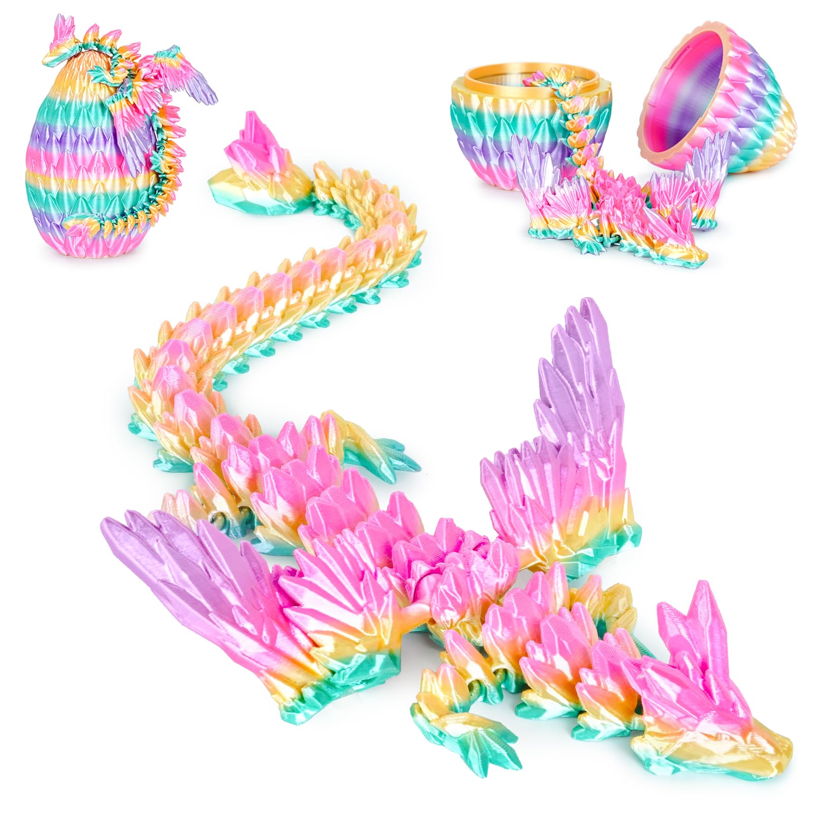 Winged Dragon Inside Surprise Egg Fun Collectible Toy Gift for Kids and Adults, 3D Printed Fantasy Dragon Ideal for Christmas Easter Birthdays and Holiday Decorations (Rainbow, Large)