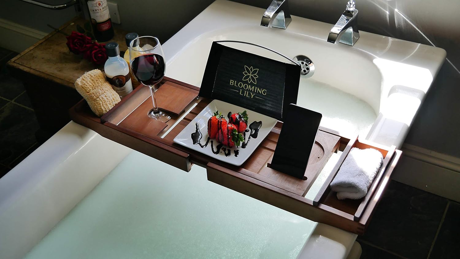 Blooming Lily Bathtub Tray - Sturdily Designed Bath Caddy with Wine Glass Holder, Ipad Stand and More Suitable for Most Baths (Brown): Kitchen & Dining
