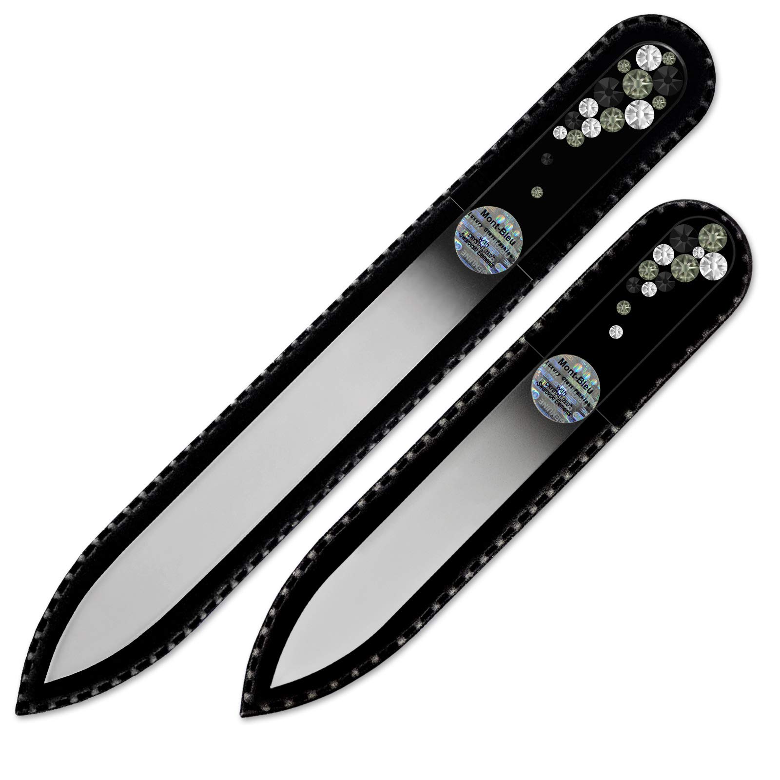 Mont Bleu Set for Men of 2 Crystal Nail Files Hand Decorated with Swarovski Elements - in Black Velvet Sleeve - Genuine Czech Tempered Glass - Premium Glass Nail File Manicure & Pedicure Tools