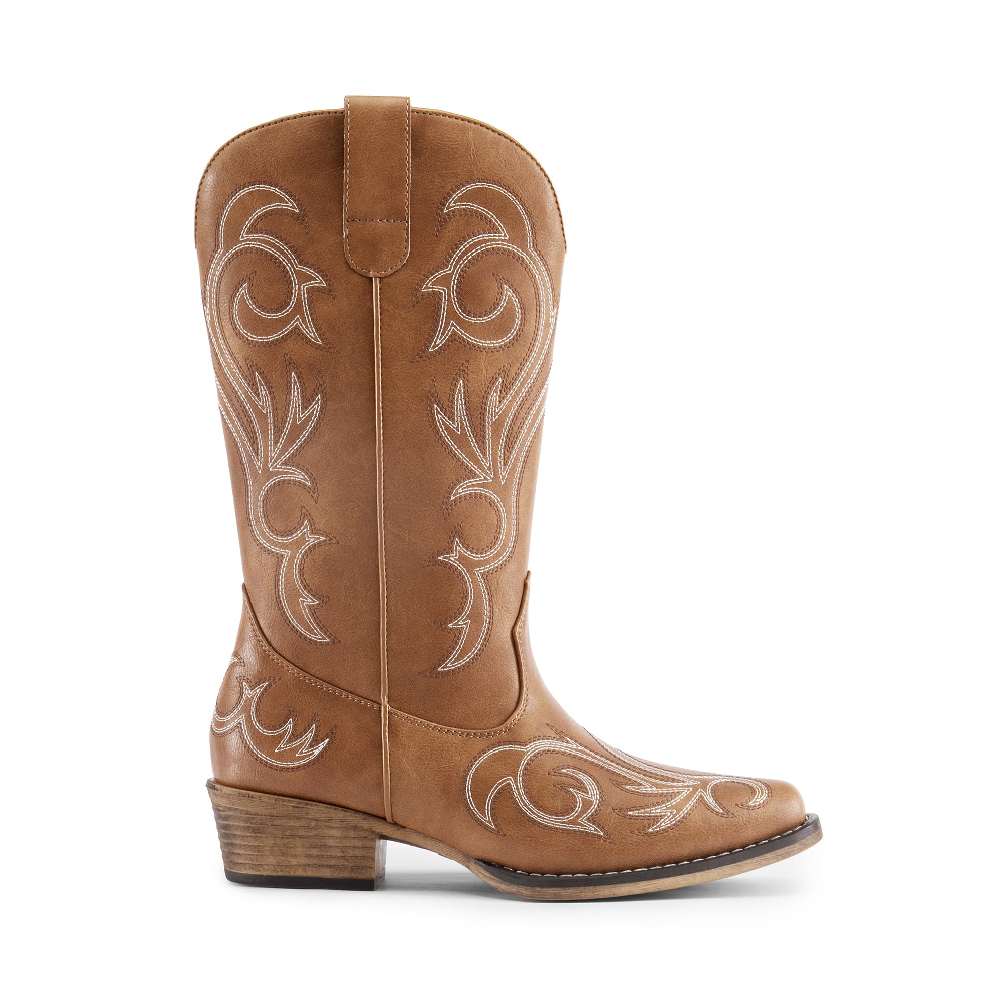 DREAM PAIRS Women's Cowboy Boots Mid Calf Cowgirl Boots Square Toe Chunky Heel Embroidery Stitched Western Boots