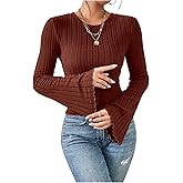 SweatyRocks Women's Bell Sleeve Crop Tops Dressy Casual Crewneck Lettuce Trim Ribbed Fitted Shirts