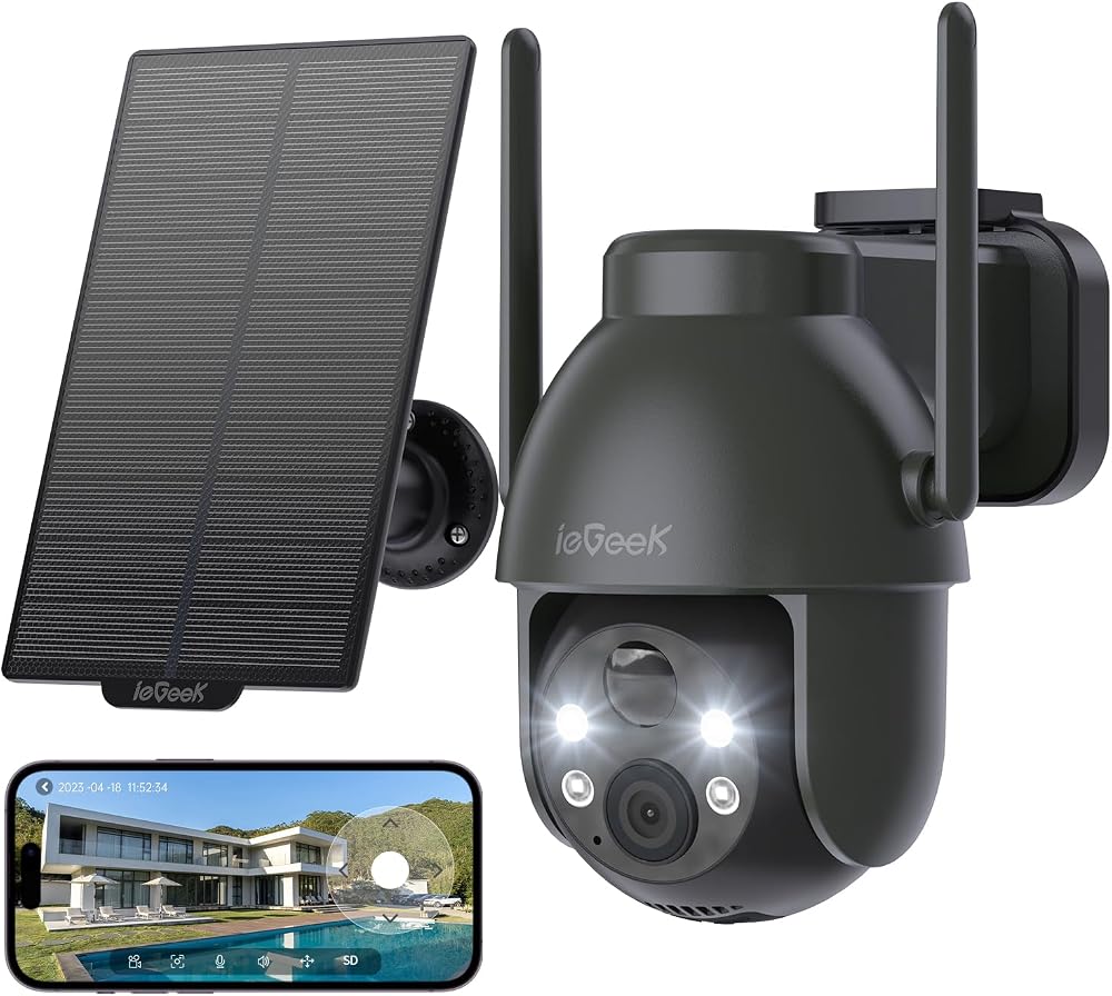 ieGeek 2K Solar Security Camera Outdoor Wireless 360° Pan Black 2.4G Wifi CCTV