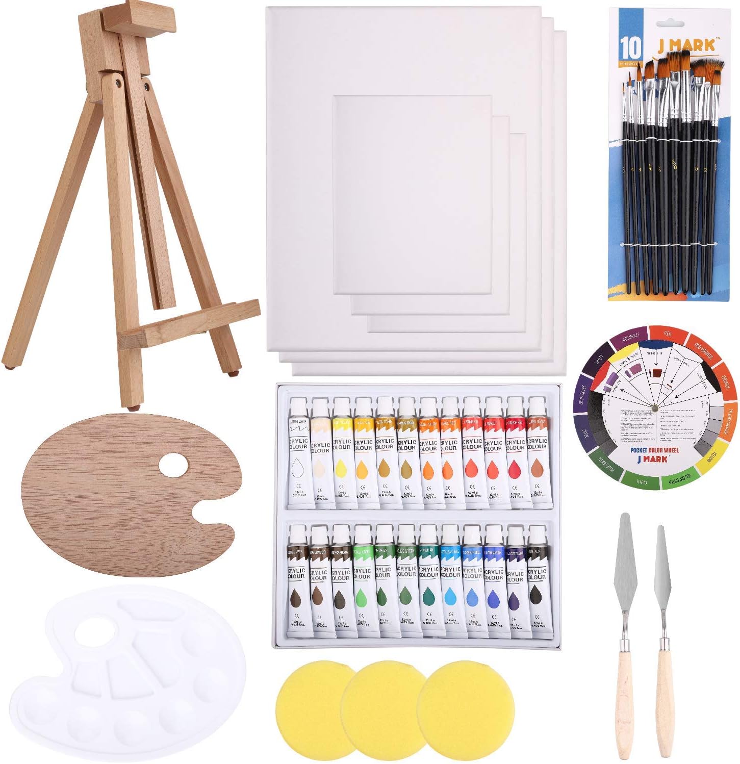 48pc Deluxe Painting Kits for Adults - Includes Adjustable Wood Easels, 10 Brushes Set, 24 Acrylic Paints, Wooden and Plastic Palettes, 2 Painting Knives, 3 Sponges, Canvases, Color Mixing Wheel