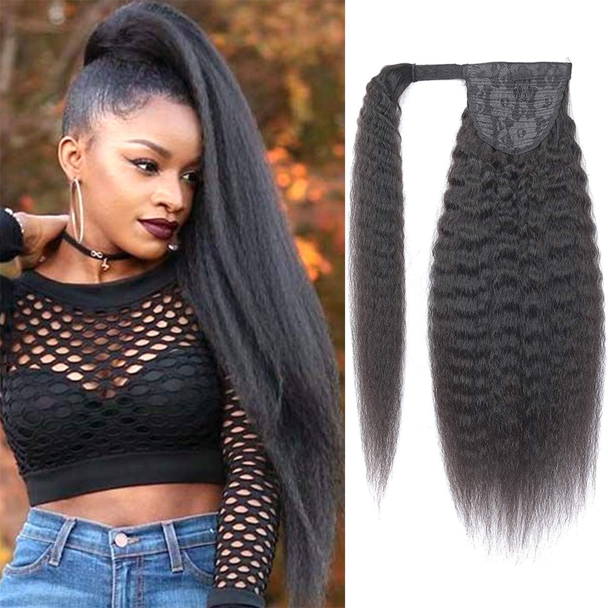 Feelgrace16inch Kinky Straight Clip in Ponytail Extensions Natural Black Brazilian Wrap Around Pony Tail Hair Extensions Remy Human Hair 130G