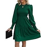 CUPSHE Women's Round Neck Emerald Green Smocked Long Sleeve Mini Dress Ruffled Hem Casual A Line Short Dress