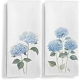 Qeheb Hydrangea Floral Kitchen Towels, Blue Floral Kitchen Towels Decorative Set of 2, Hydrangea Gifts, Modern, Rustic Style, Polyester Waffle Material, 16 x 24 Inches
