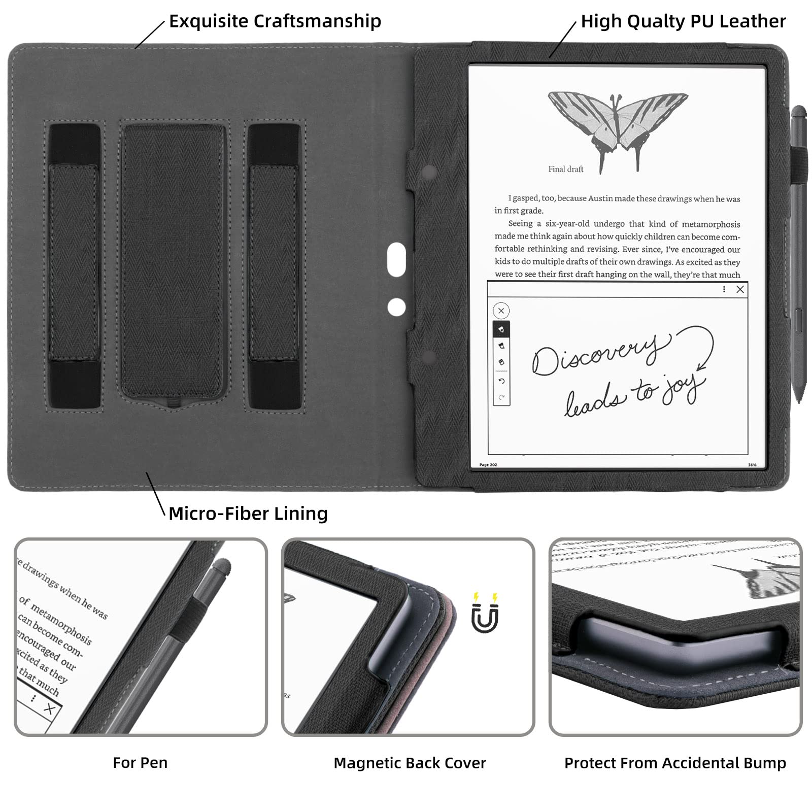 WALNEW Stand Case for Kindle Scribe 10.2 Inch (2024/2022 Released) – Two Hand Straps Premium PU Leather Cover with Auto Sleep/Wake and Pen Holder for Amazon Kindle Scribe Ereader (New Black)