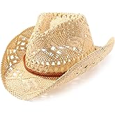 AQOKKA Straw Cowboy Hats for Women Men Western Cowgirl Hats with Shapeable Brim Woven Hollow Out Unisex Beach Roll Up Caps